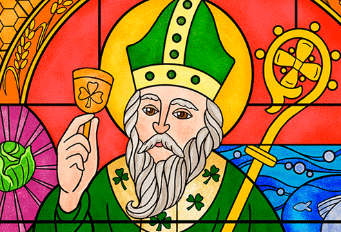 Изображение в виде мозаики. Изображен старый человек с бородой в зеленой рясе священника с зелёным головным убором, колокольчиком с эмблемой клевера и жезлом. Это Святой Патрик